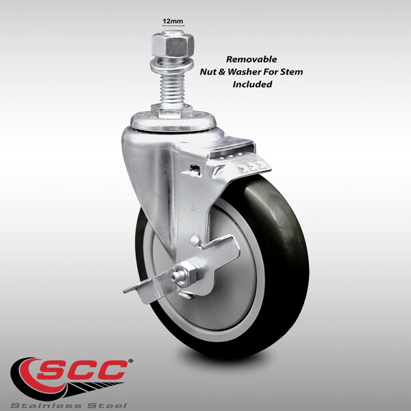 Service Caster 5 Inch SS Black Polyurethane Swivel 12mm Threaded Stem Caster Brakes, 2PK SSTS20S514-PPUB-BLK-TLB-M1215-2-S-2 - main